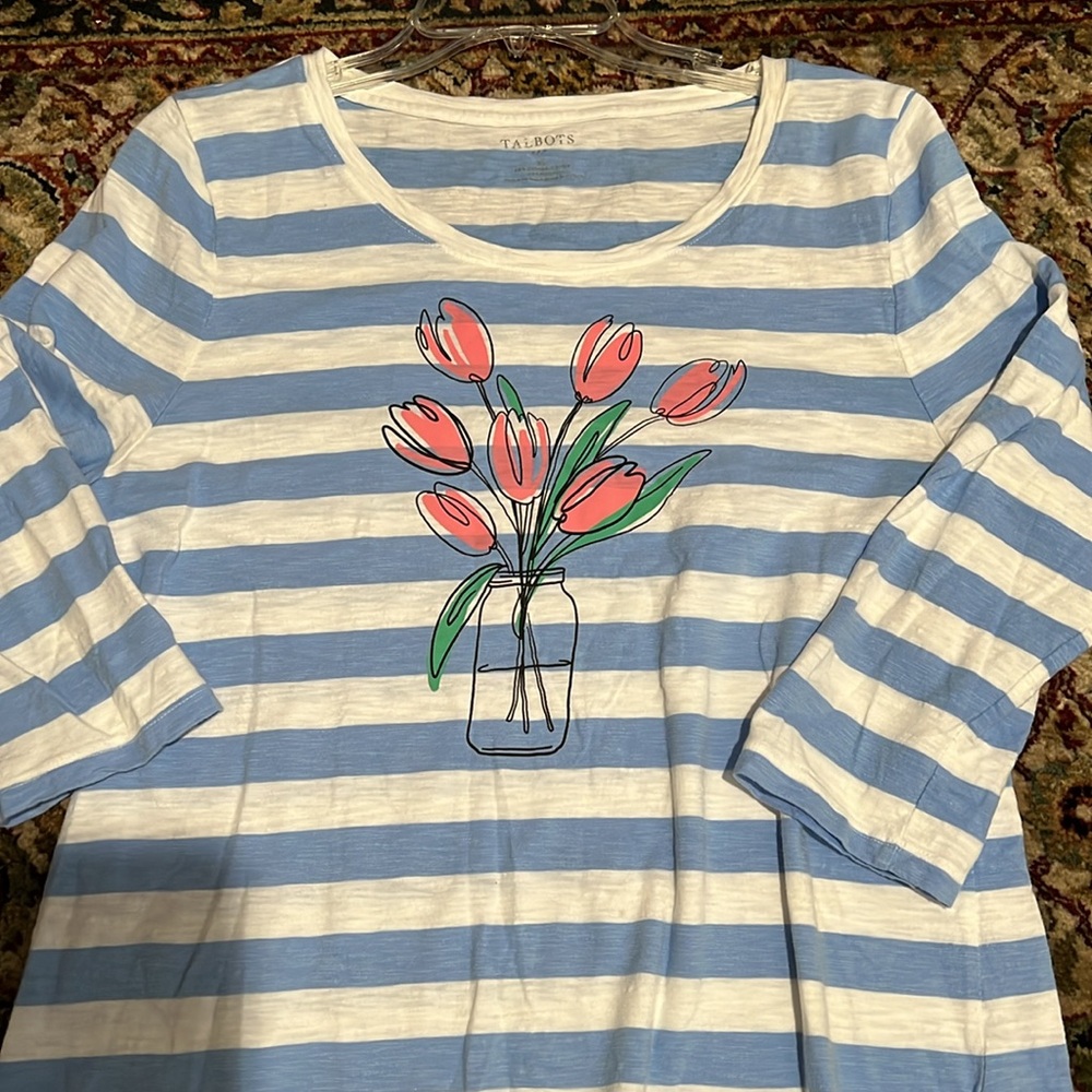 Talbots Spring Tulip Striped Blue and White Top Size XL 3/4 Sleeve